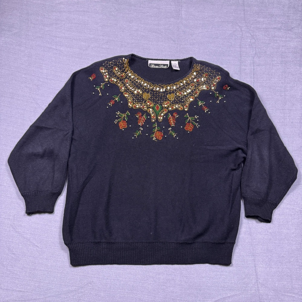 Dana Scott Womens L Beaded Embroidered Knit‎ Sweater Long Sleeve Black